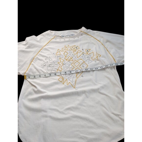Pretty Cream Colored Shirt By Bonnie Boerer. Rhinestones Gold Trim Woman's Med - Picture 4 of 6